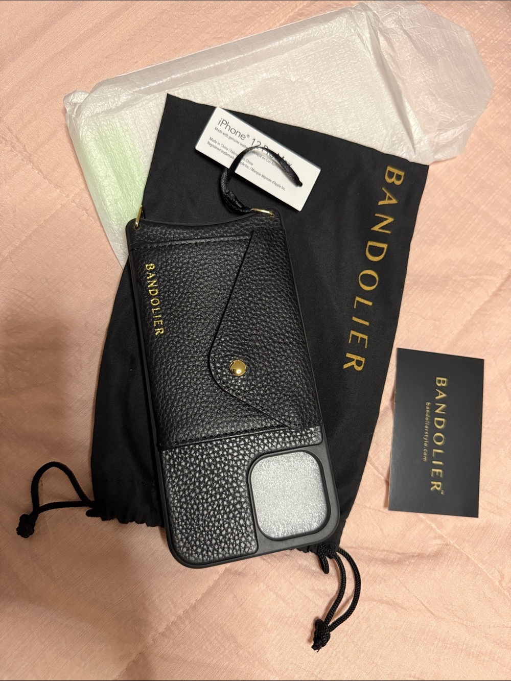 New Bandolier Black Leather Crossbody Phone Case with Card Pocket